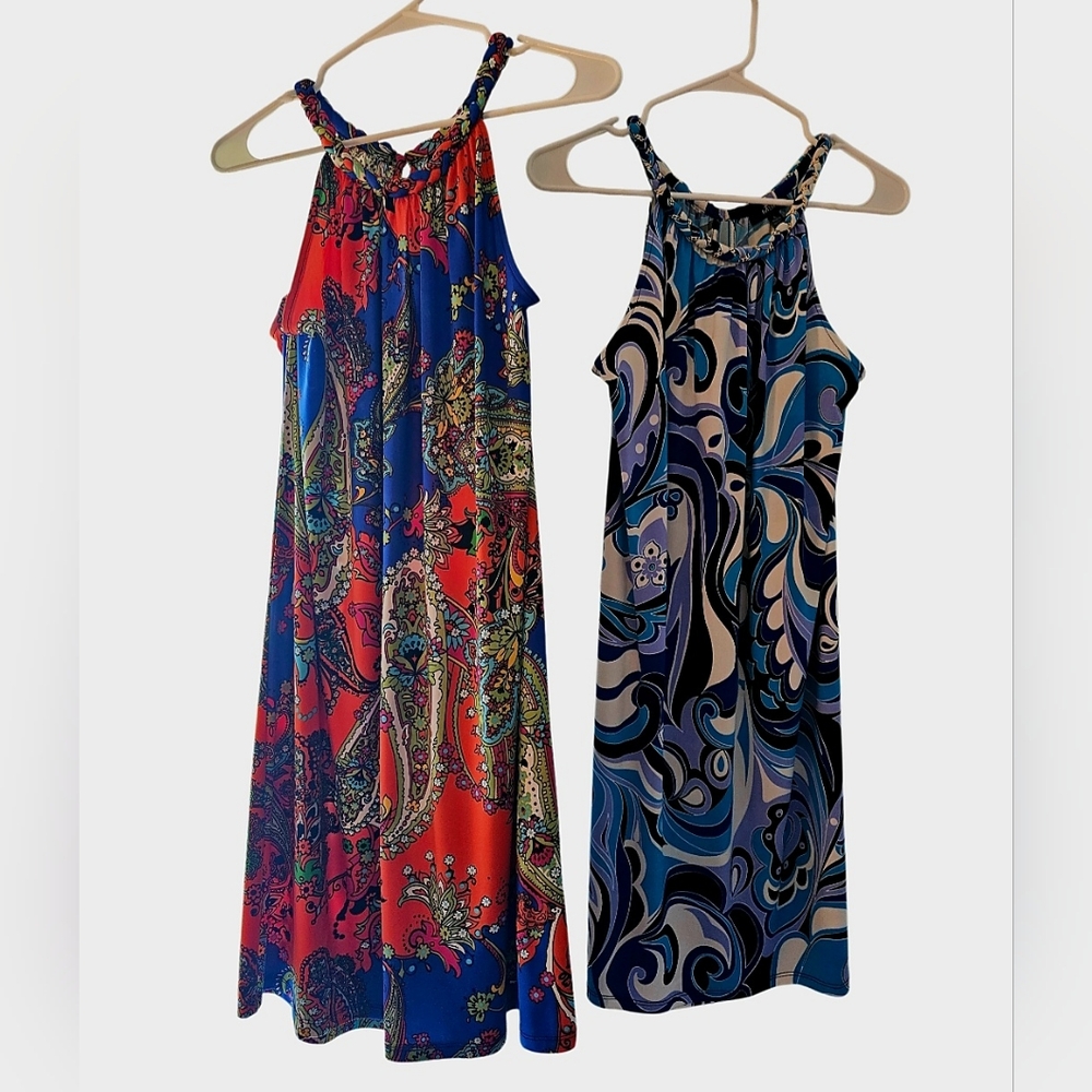 NEW MSK Two Vibrant Fun dresses Paisley Geometric Large Set Lot
